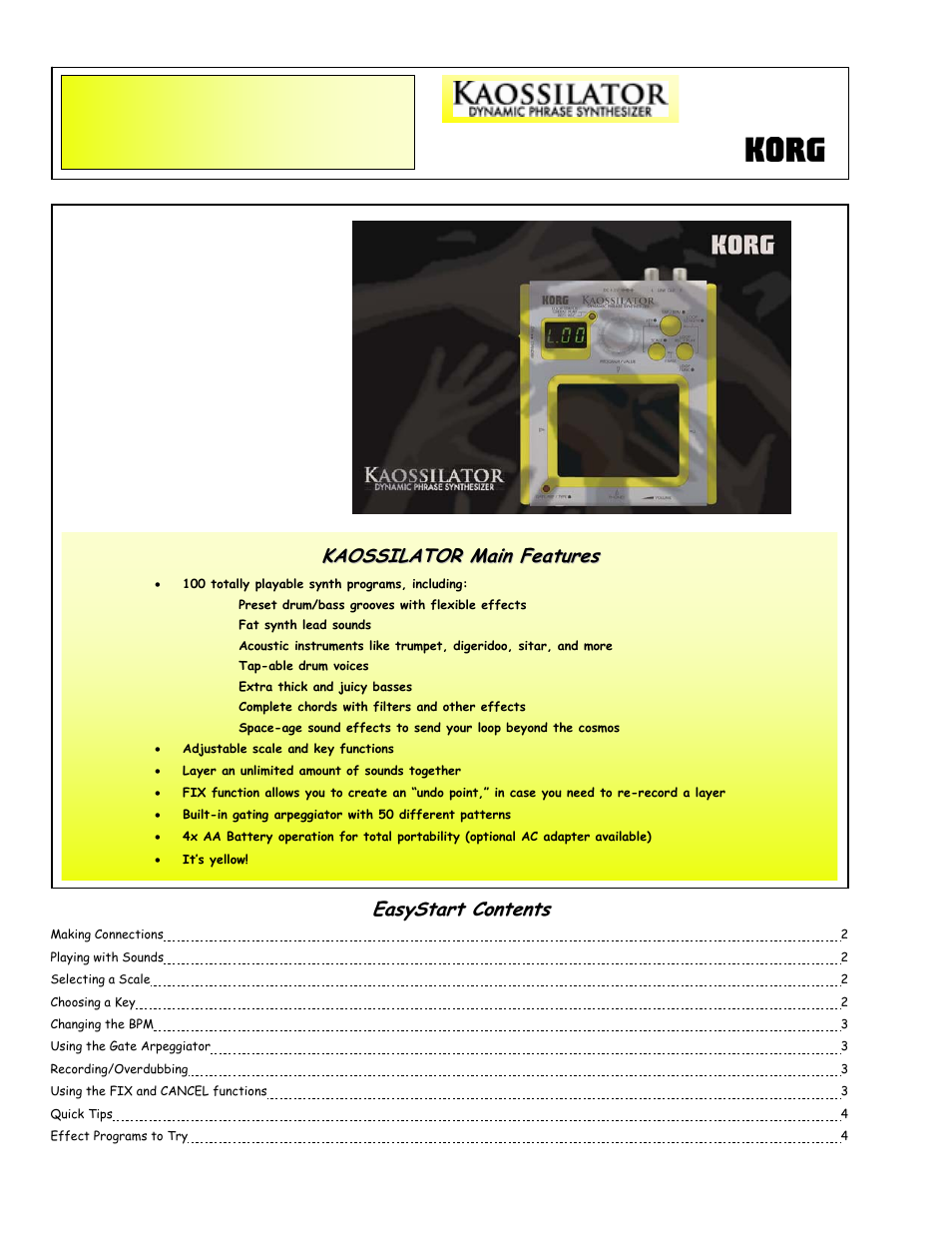 KORG Kaossilator Dynamic Phrase Synthesizer User Manual | 4 pages