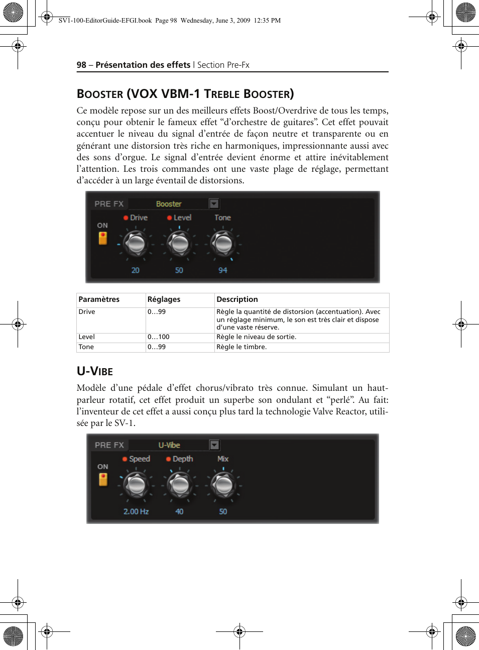 Booster (vox vbm-1 treble booster), U-vibe, Vox vbm-1 t | KORG SV-1 User Manual | Page 100 / 278