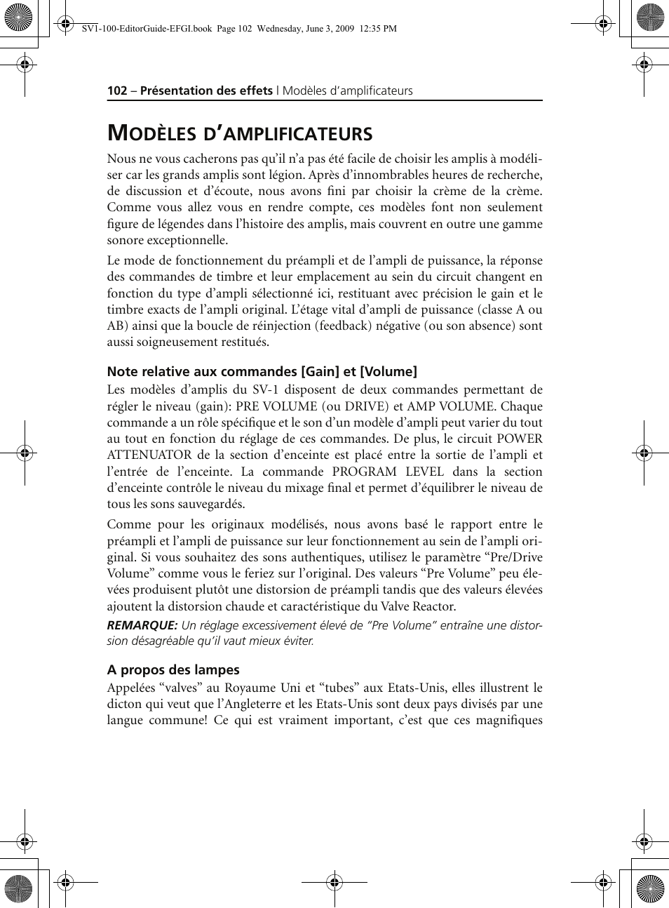 Modèles d’amplificateurs, Note relative aux commandes [gain] et [volume, A propos des lampes | KORG SV-1 User Manual | Page 104 / 278