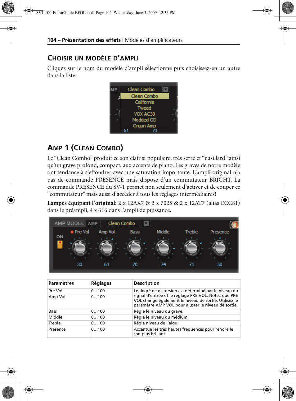 Choisir un modèle d’ampli, Amp 1 (clean combo), 1 (c | KORG SV-1 User Manual | Page 106 / 278