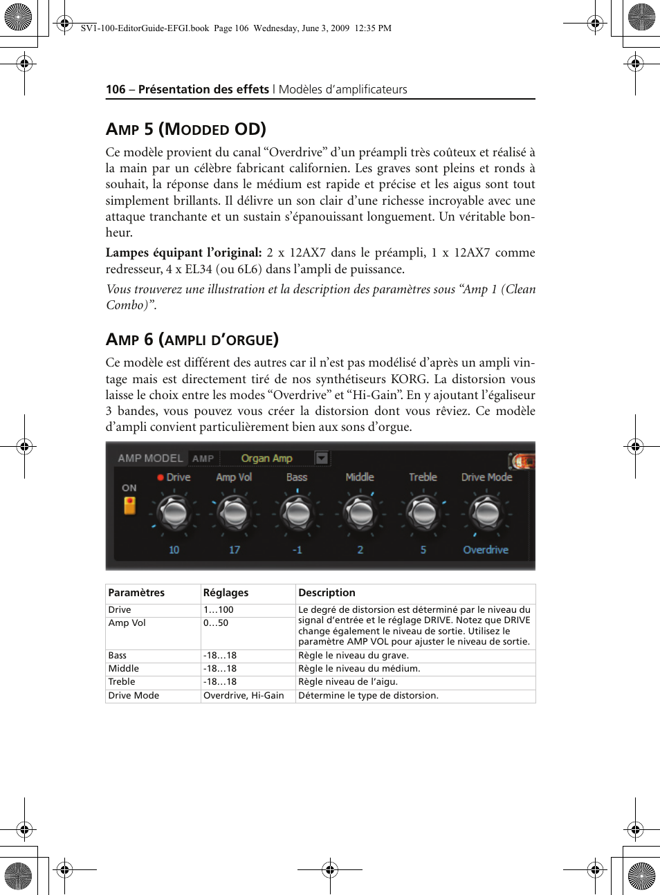 Amp 5 (modded od), Amp 6 (ampli d’orgue), 5 (m | KORG SV-1 User Manual | Page 108 / 278