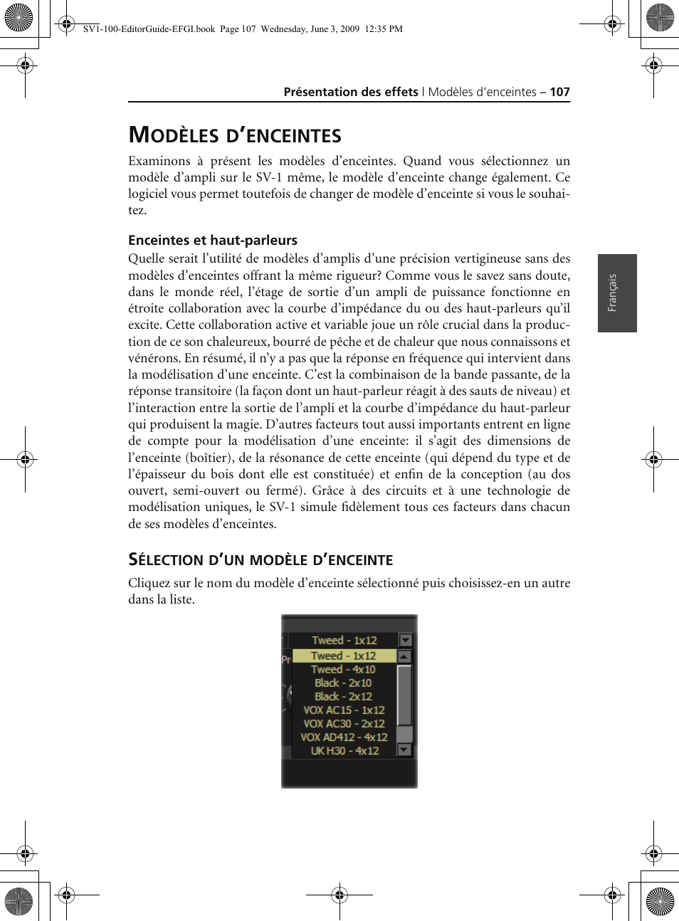 Modèles d’enceintes, Enceintes et haut-parleurs, Sélection d’un modèle d’enceinte | KORG SV-1 User Manual | Page 109 / 278