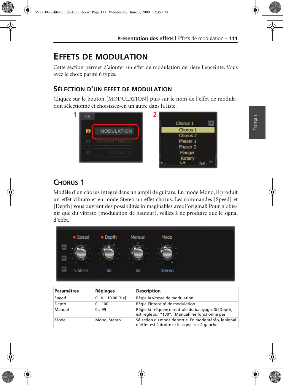 Effets de modulation, Sélection d’un effet de modulation, Chorus 1 | Ffets, Modulation | KORG SV-1 User Manual | Page 113 / 278
