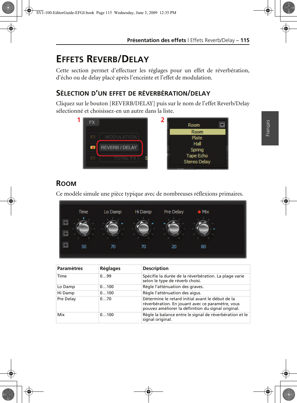 Effets reverb/delay, Sélection d’un effet de réverbération/delay, Room | Ffets, Everb, Elay | KORG SV-1 User Manual | Page 117 / 278
