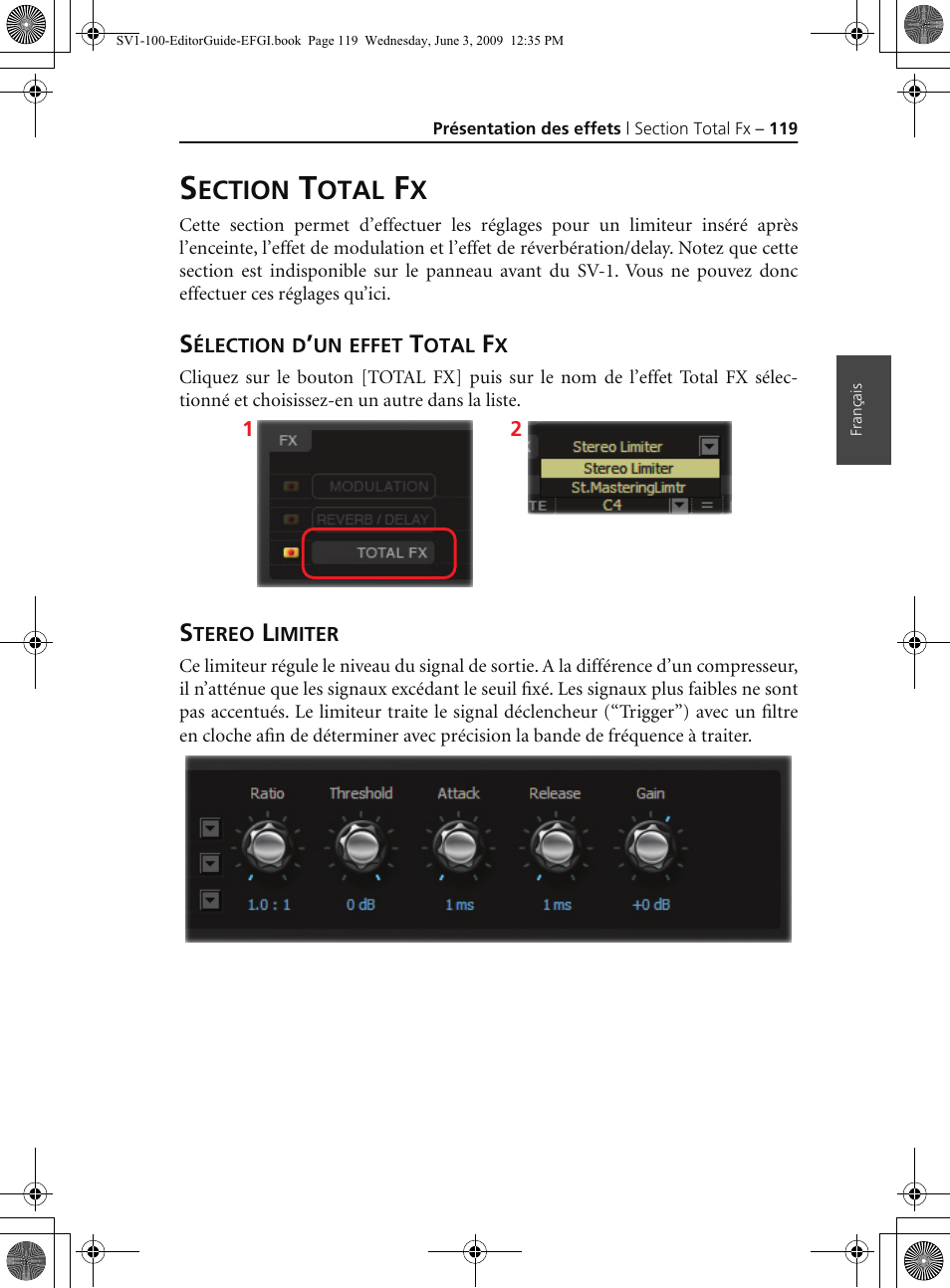 Section total fx, Sélection d’un effet total fx, Stereo limiter | KORG SV-1 User Manual | Page 121 / 278