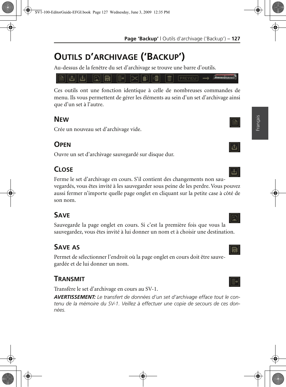 Outils d’archivage (‘backup’), Open, Close | Save, Save as, Transmit | KORG SV-1 User Manual | Page 129 / 278