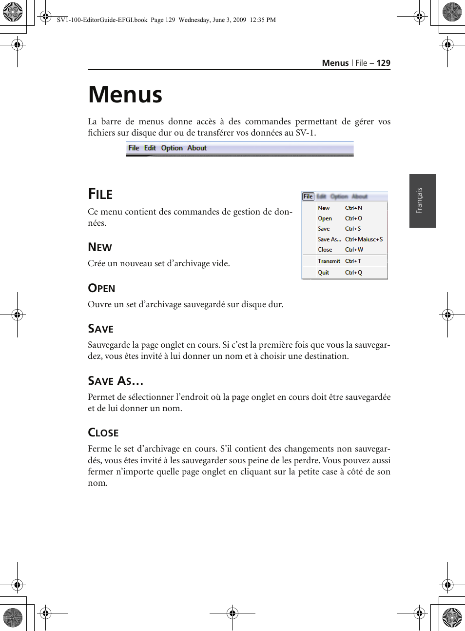 Menus, File, Open | Save, Save as, Close | KORG SV-1 User Manual | Page 131 / 278
