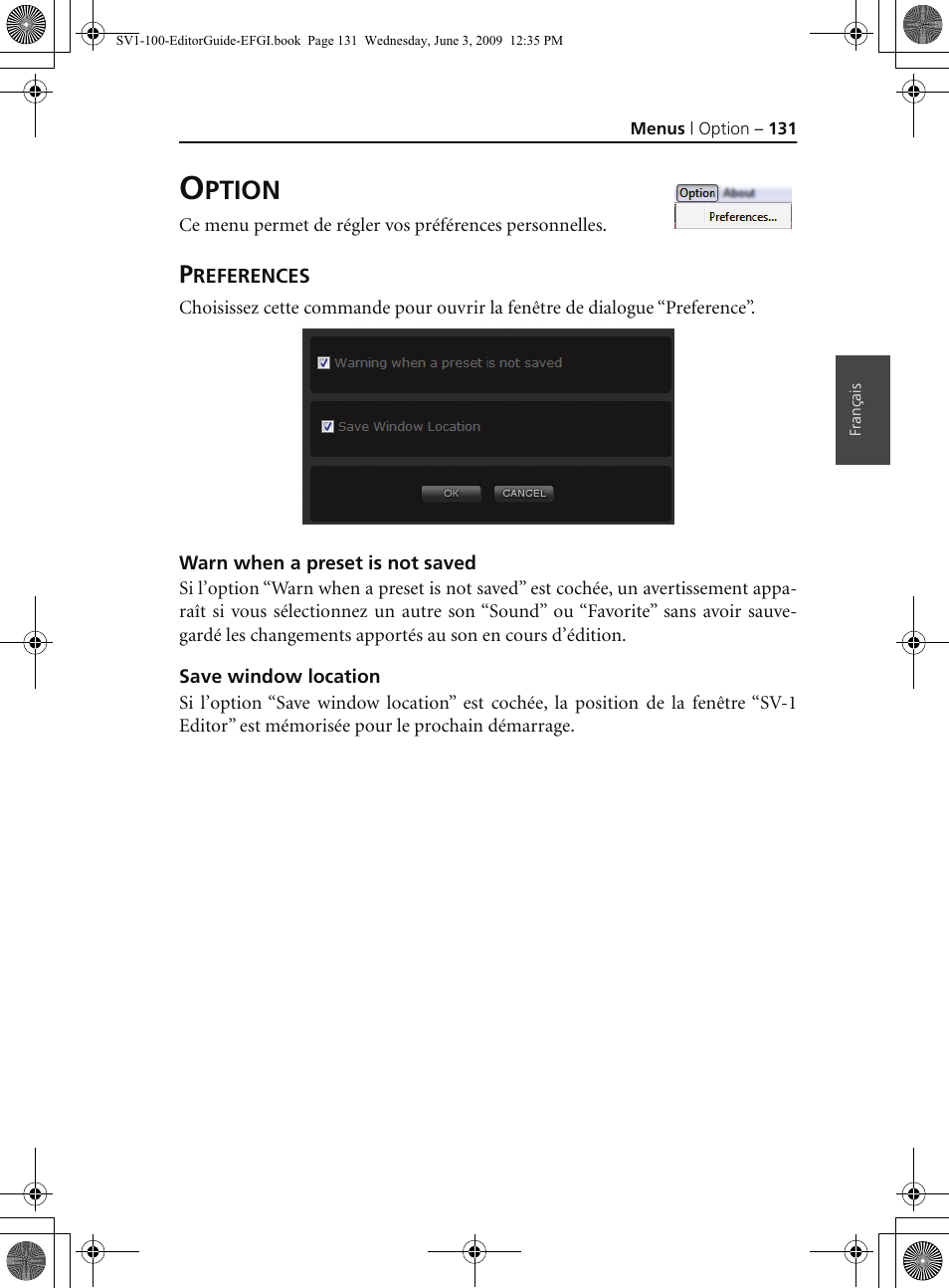 Option, Preferences, Warn when a preset is not saved | Save window location, Ption | KORG SV-1 User Manual | Page 133 / 278