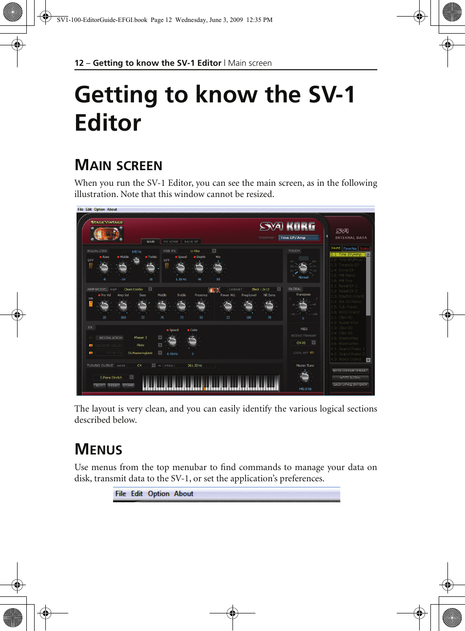Getting to know the sv-1 editor, Main screen, Menus | Main screen menus | KORG SV-1 User Manual | Page 14 / 278