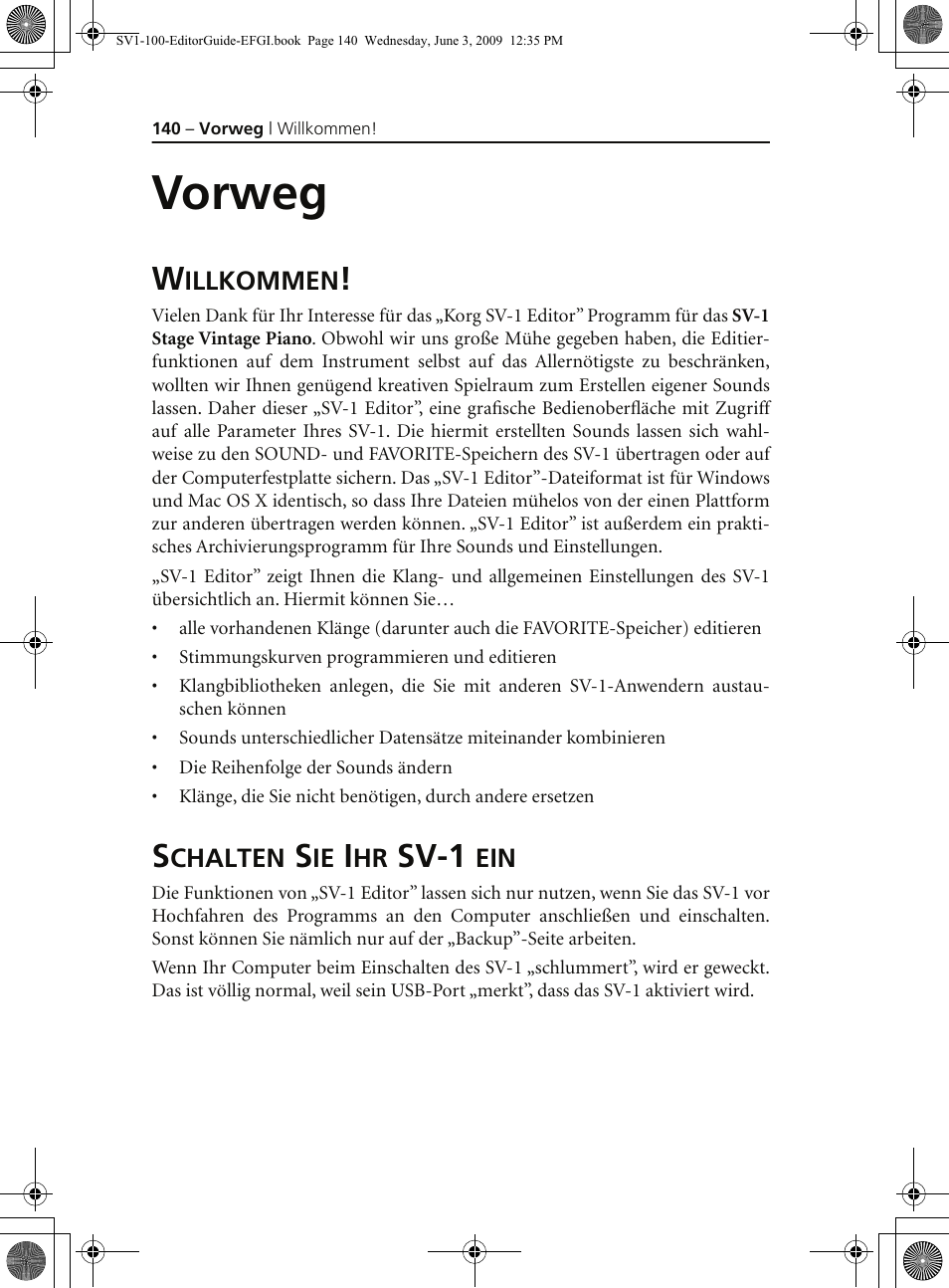 Vorweg, Willkommen, Schalten sie ihr sv1 ein | Willkommen! schalten sie ihr sv-1 ein, Sv-1 | KORG SV-1 User Manual | Page 142 / 278