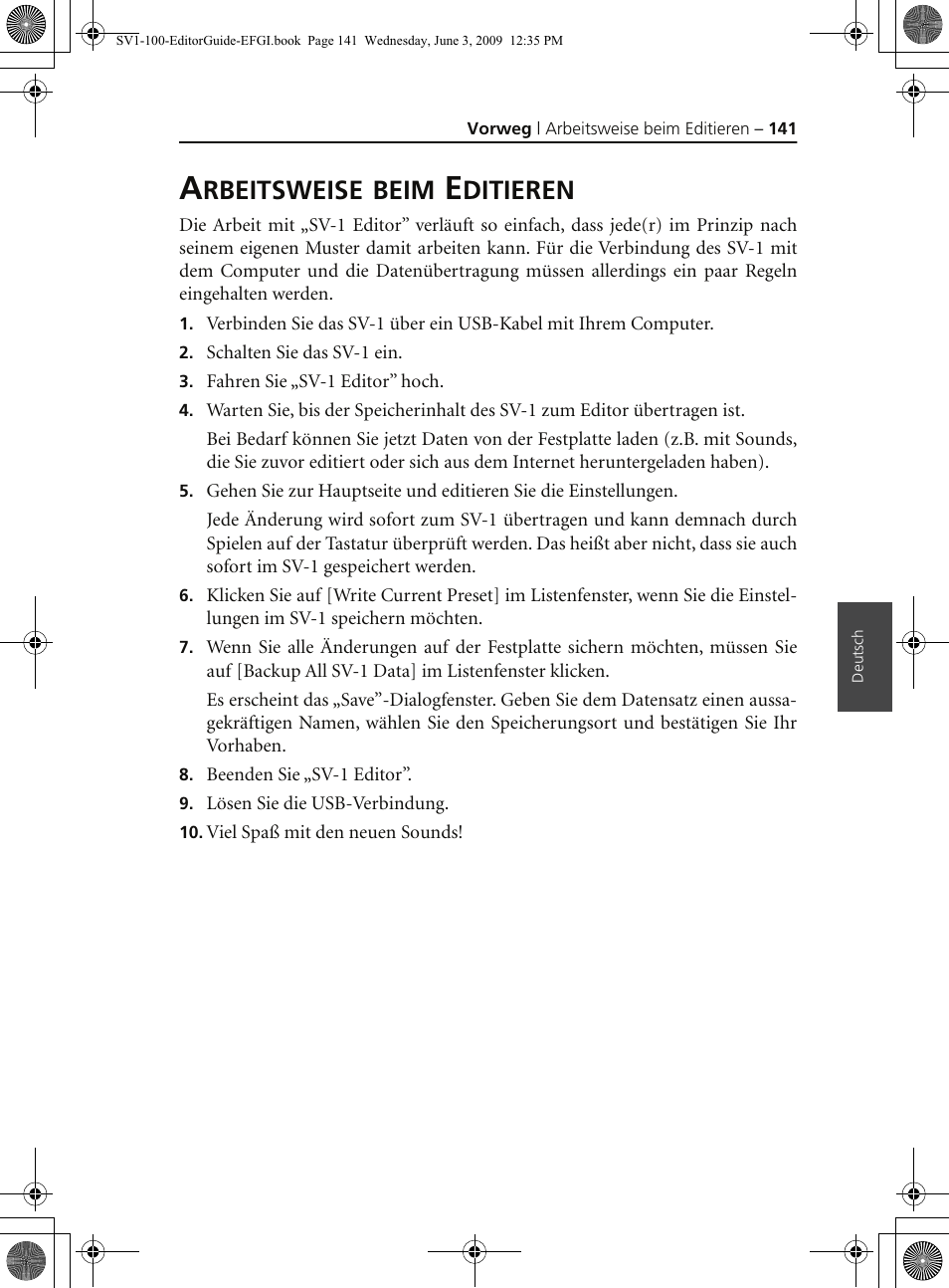 Arbeitsweise beim editieren, Rbeitsweise, Beim | Ditieren | KORG SV-1 User Manual | Page 143 / 278
