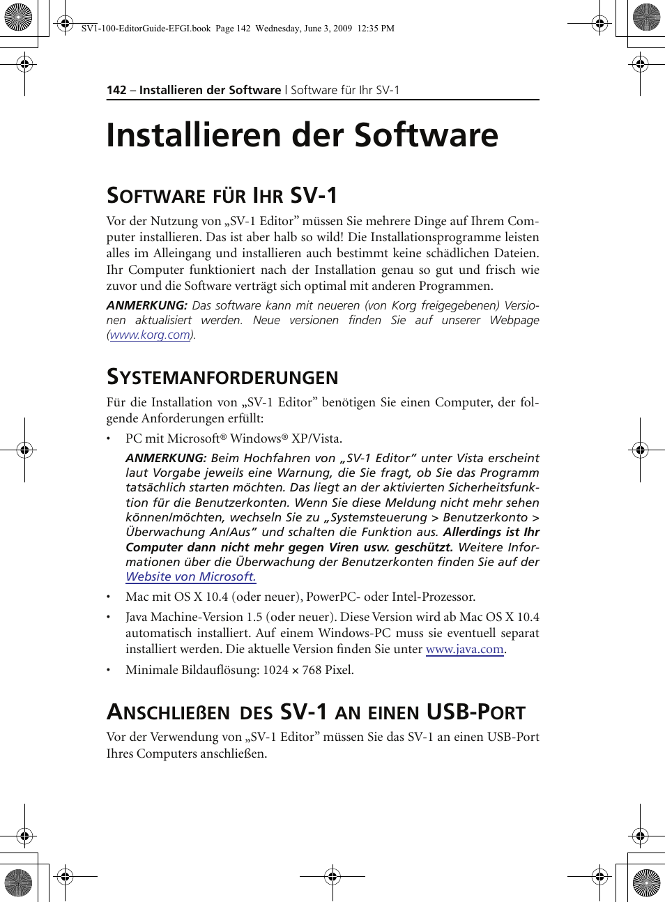 Installieren der software, Software für ihr sv1, Systemanforderungen | Anschließen des sv1 an einen usb-port, Sv-1, Usb-p | KORG SV-1 User Manual | Page 144 / 278