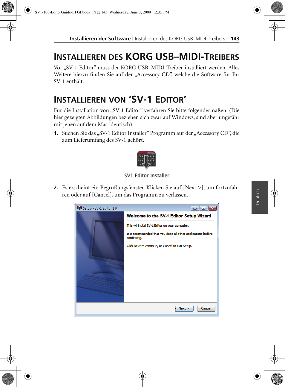 Installieren des korg usb–midi-treibers, Installieren von ‘sv1 editor, Korg usb–midi-t | Sv-1 e | KORG SV-1 User Manual | Page 145 / 278