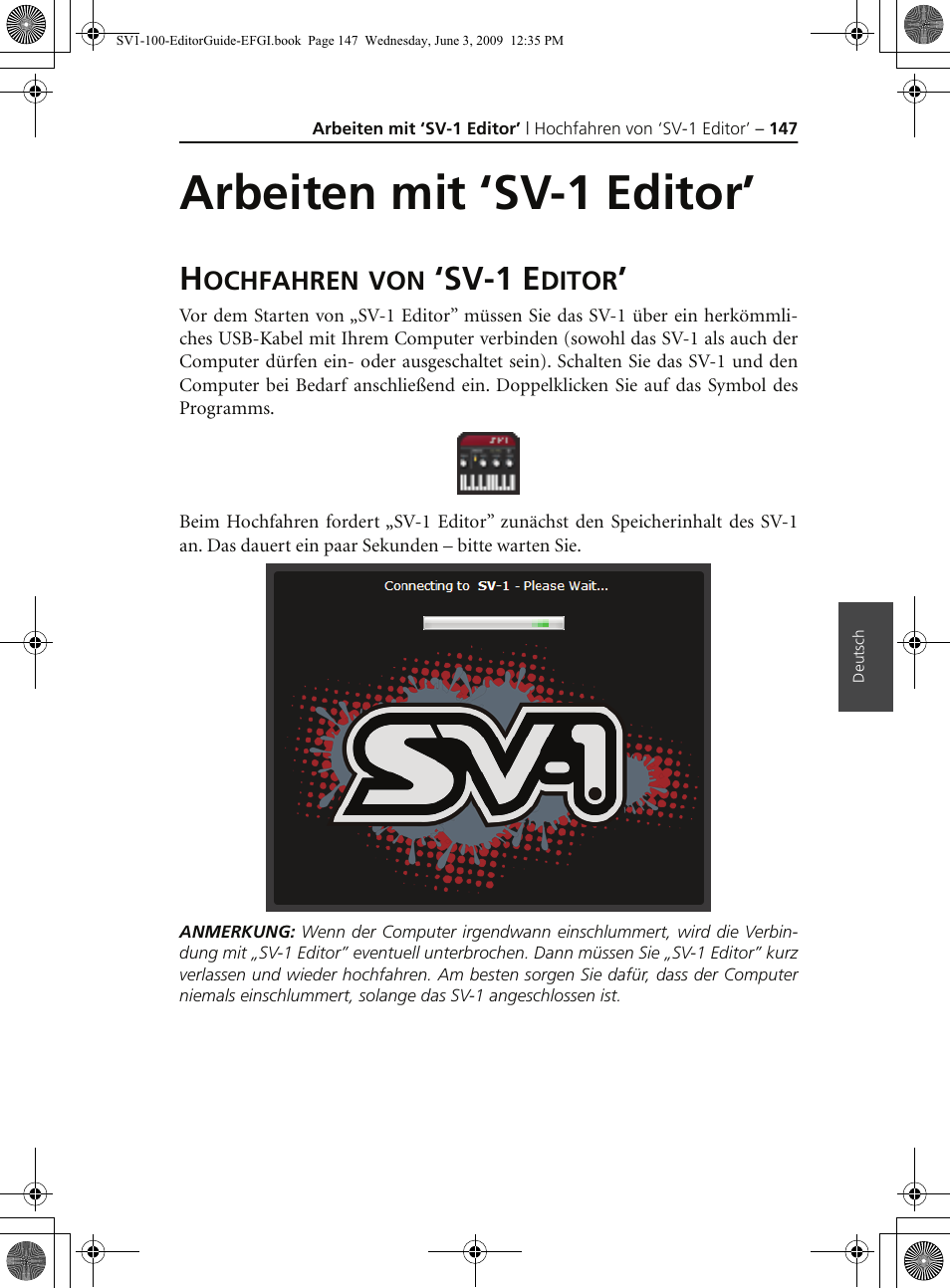 Arbeiten mit ‘sv1 editor, Hochfahren von ‘sv1 editor, Arbeiten mit ‘sv-1 editor | Hochfahren von ‘sv-1 editor, Sv-1 e | KORG SV-1 User Manual | Page 149 / 278