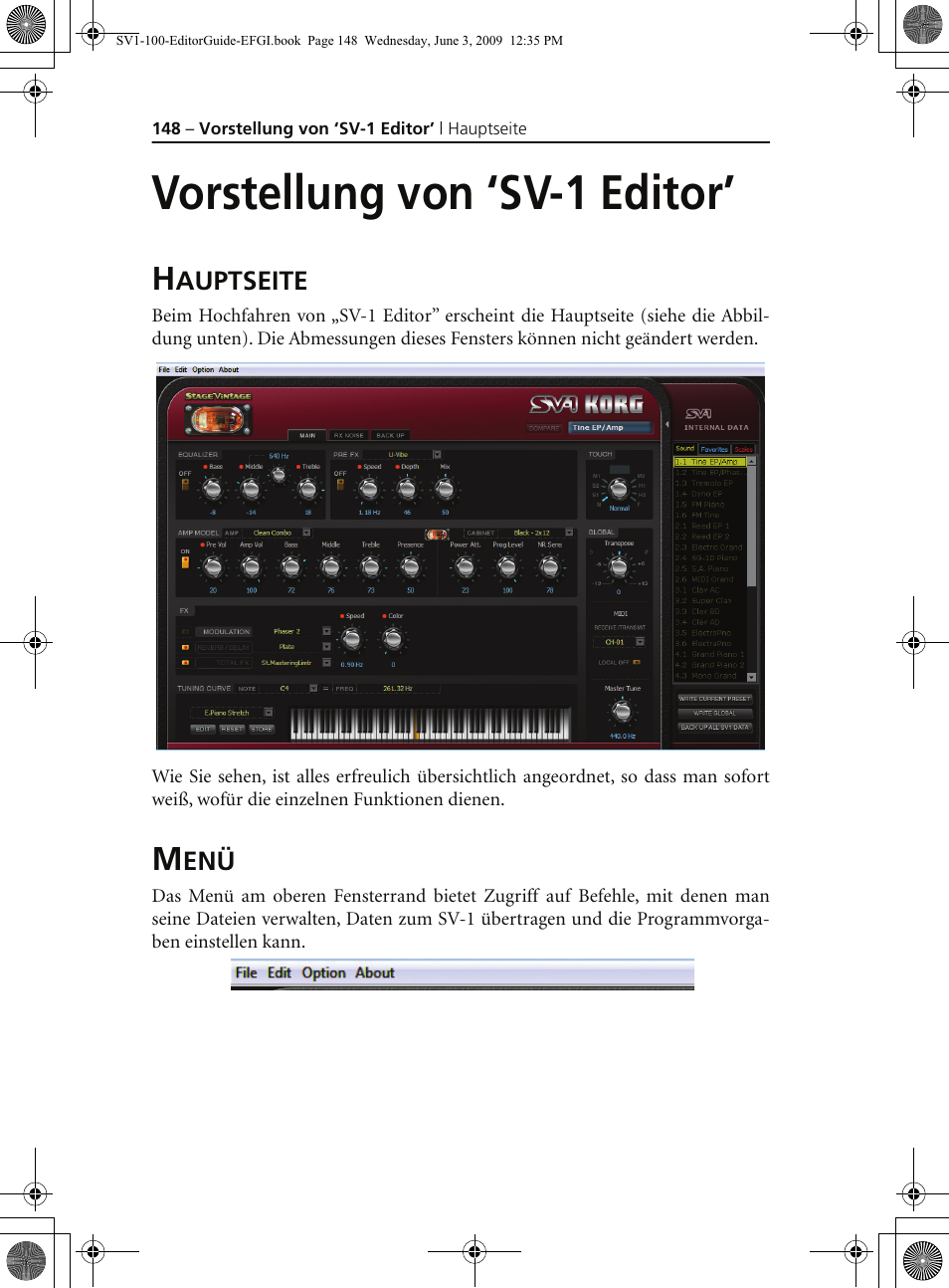 Vorstellung von ‘sv1 editor, Hauptseite, Menü | Vorstellung von ‘sv-1 editor, Hauptseite menü | KORG SV-1 User Manual | Page 150 / 278