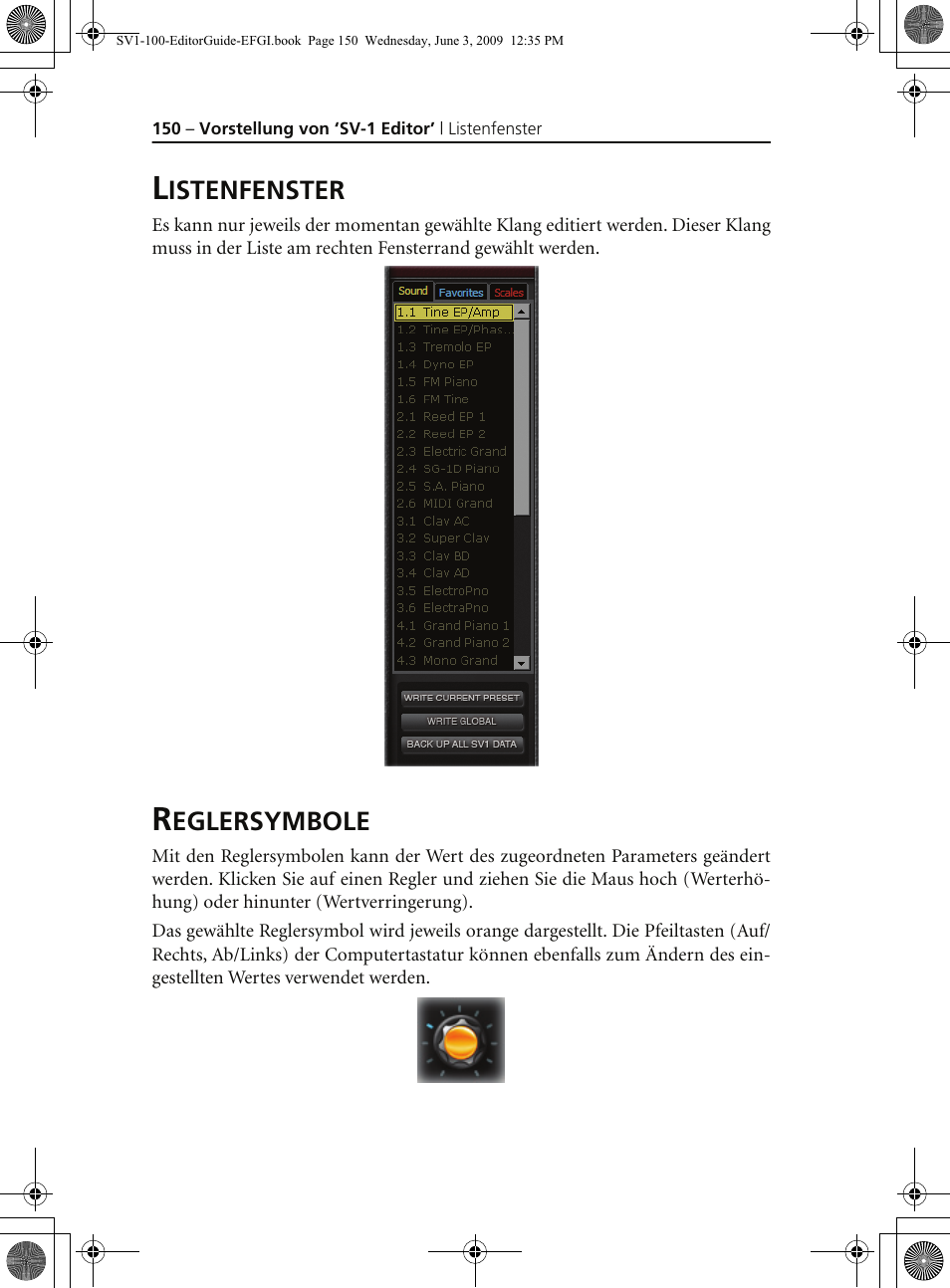 Listenfenster, Reglersymbole, Listenfenster reglersymbole | KORG SV-1 User Manual | Page 152 / 278