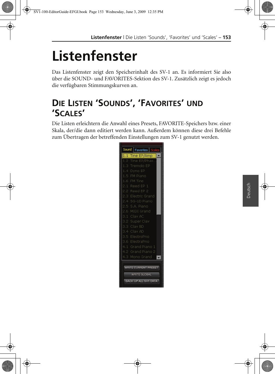 Listenfenster, Die listen ‘sounds’, ‘favorites’ und ‘scales, Die listen ‘sounds’, ‘favorites’ und ‘scales | KORG SV-1 User Manual | Page 155 / 278