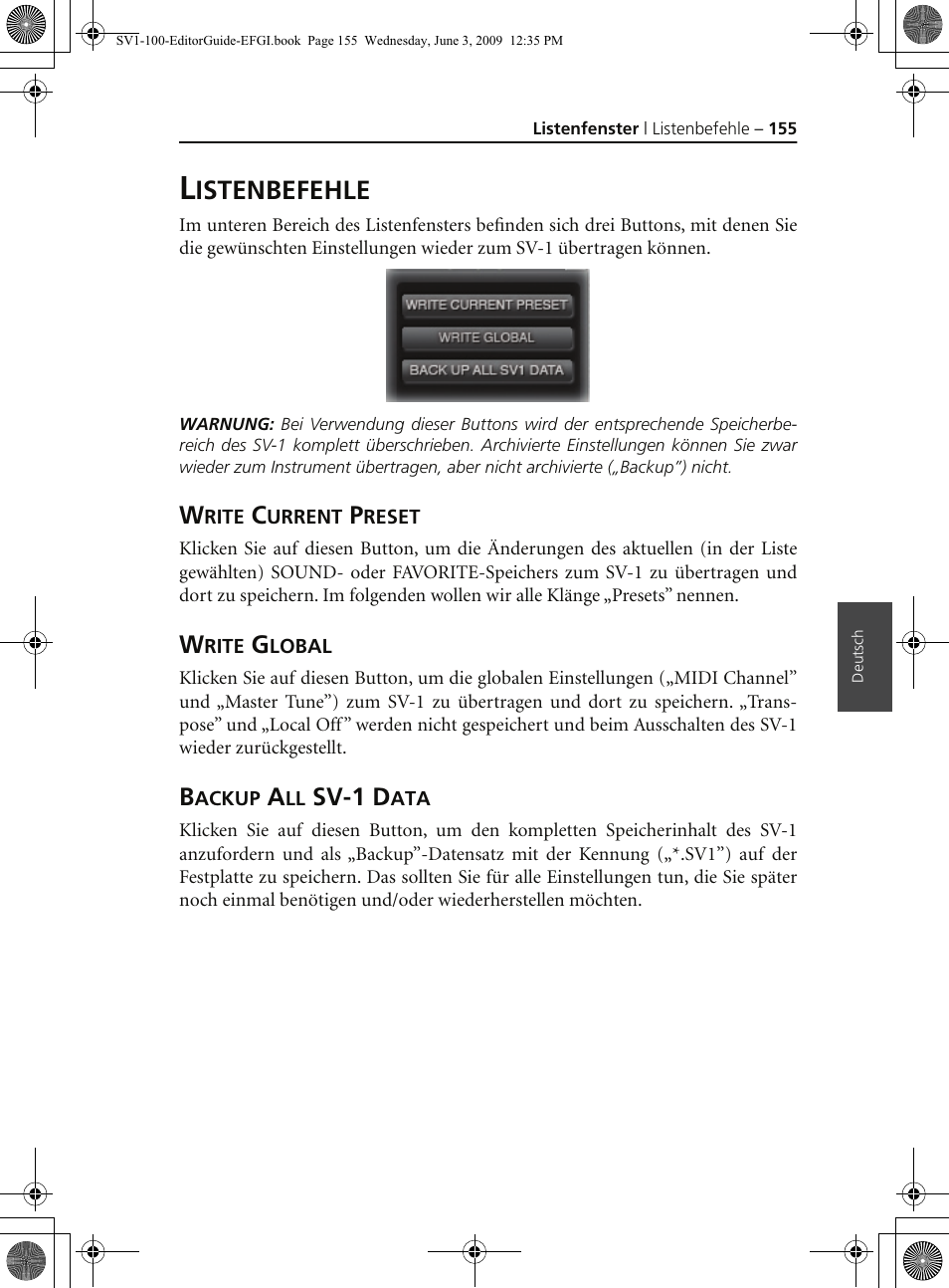 Listenbefehle, Write current preset, Write global | Backup all sv1 data, Istenbefehle, Sv-1 d | KORG SV-1 User Manual | Page 157 / 278