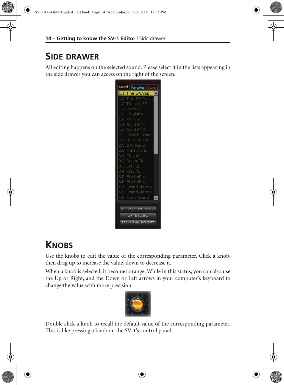 Side drawer, Knobs, Side drawer knobs | KORG SV-1 User Manual | Page 16 / 278