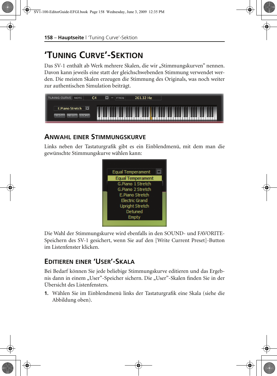 Tuning curve’-sektion, Anwahl einer stimmungskurve, Editieren einer ‘user’-skala | Uning, Urve, Ektion | KORG SV-1 User Manual | Page 160 / 278