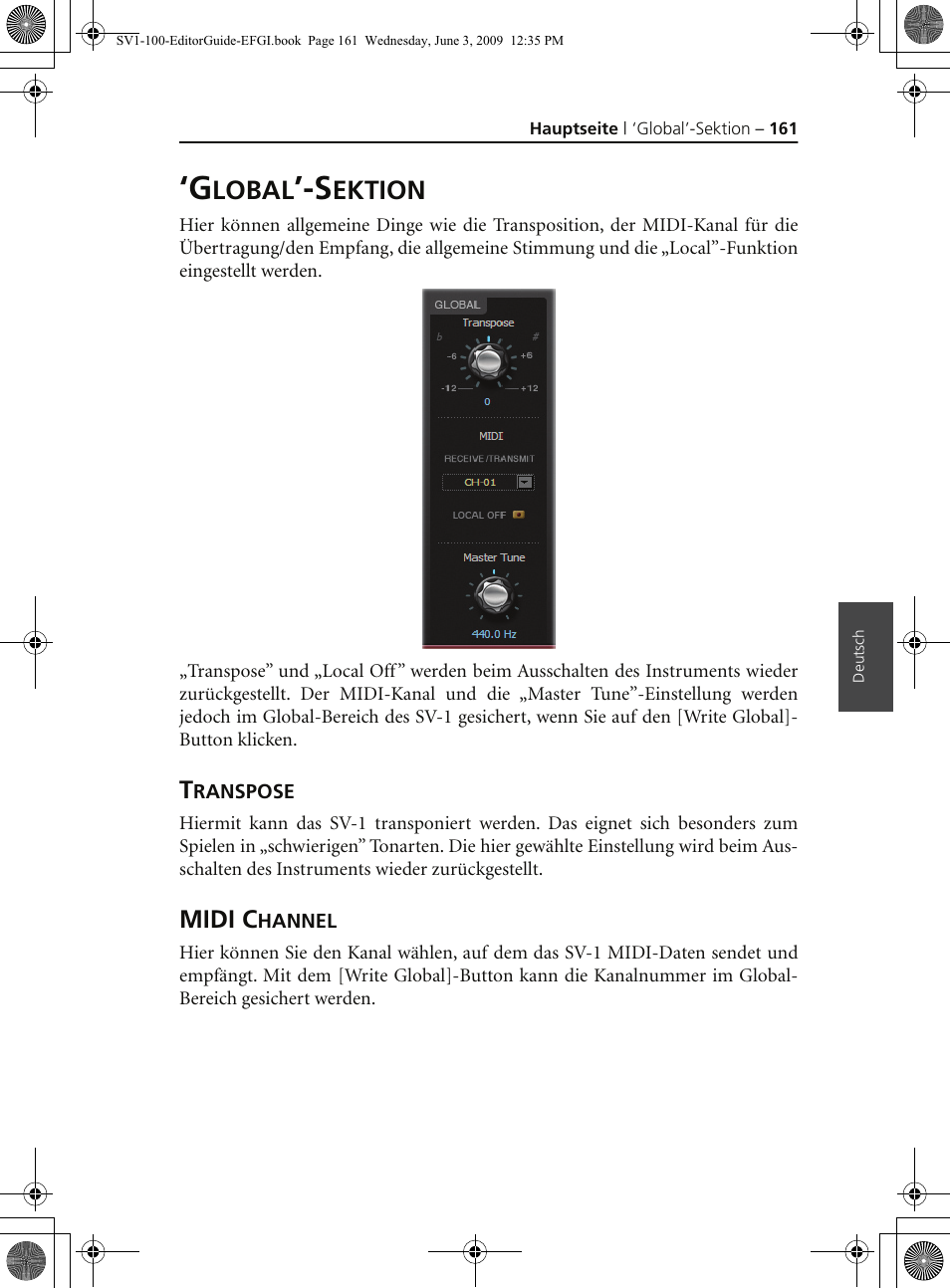 Global’-sektion, Transpose, Midi channel | Lobal, Ektion | KORG SV-1 User Manual | Page 163 / 278