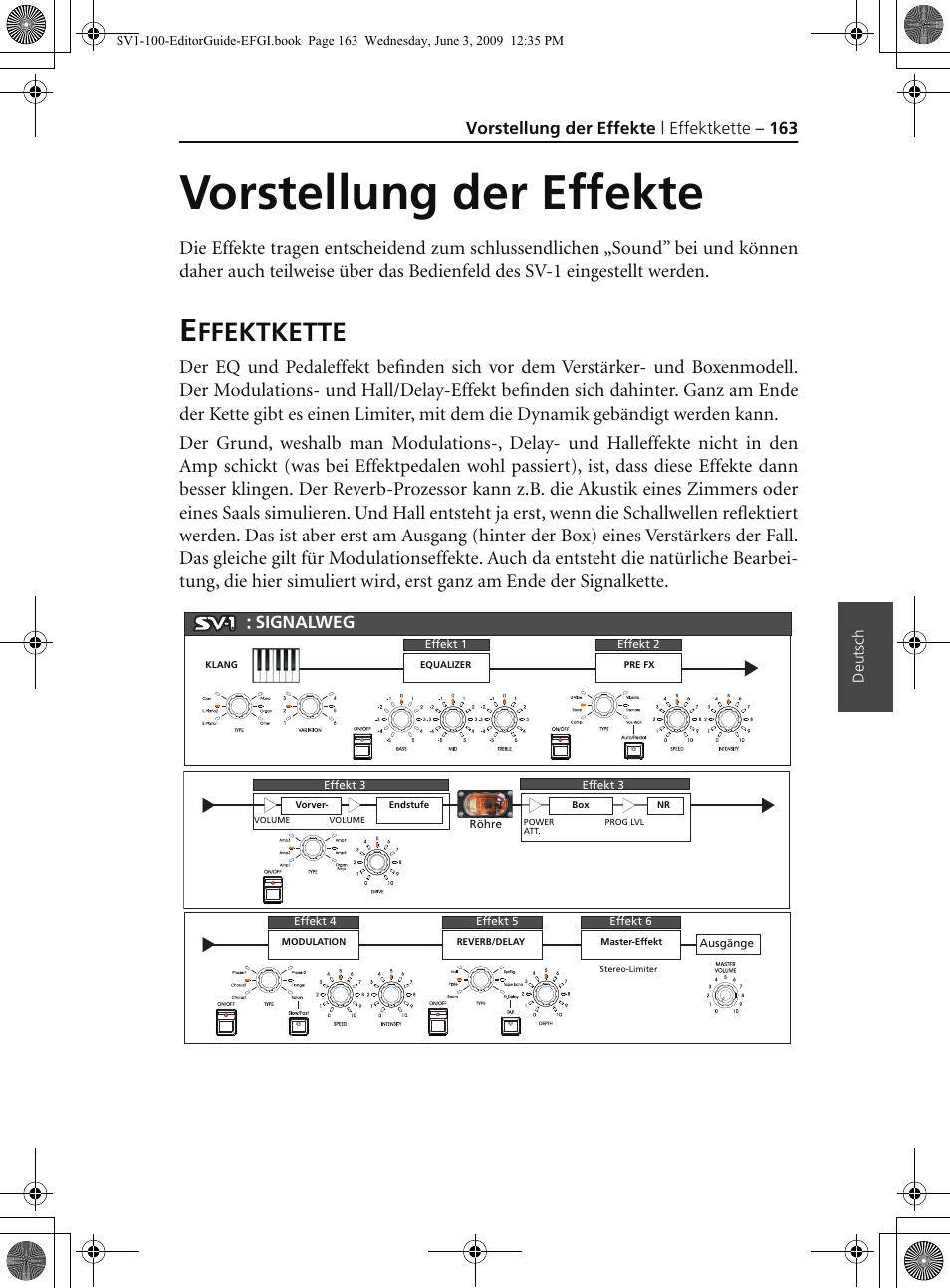 Vorstellung der effekte, Effektkette, Ffektkette | Vorstellung der effekte | effektkette – 163, Signalweg | KORG SV-1 User Manual | Page 165 / 278
