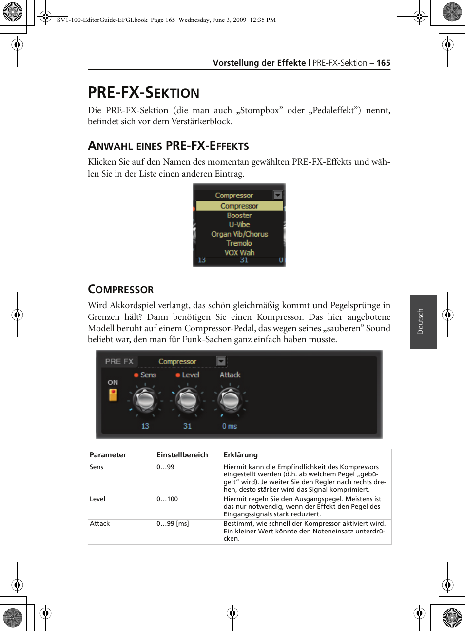 Pre-fx-sektion, Anwahl eines pre-fx-effekts, Compressor | Pre-fx-s, Ektion, Pre-fx-e | KORG SV-1 User Manual | Page 167 / 278