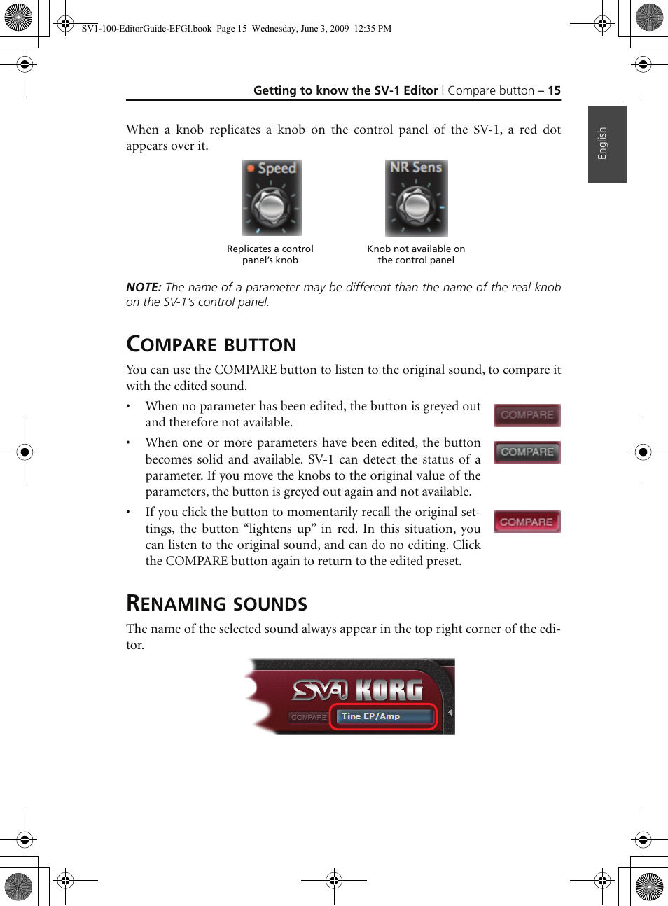 Compare button, Renaming sounds, Compare button renaming sounds | Ompare, Button, Enaming, Sounds | KORG SV-1 User Manual | Page 17 / 278
