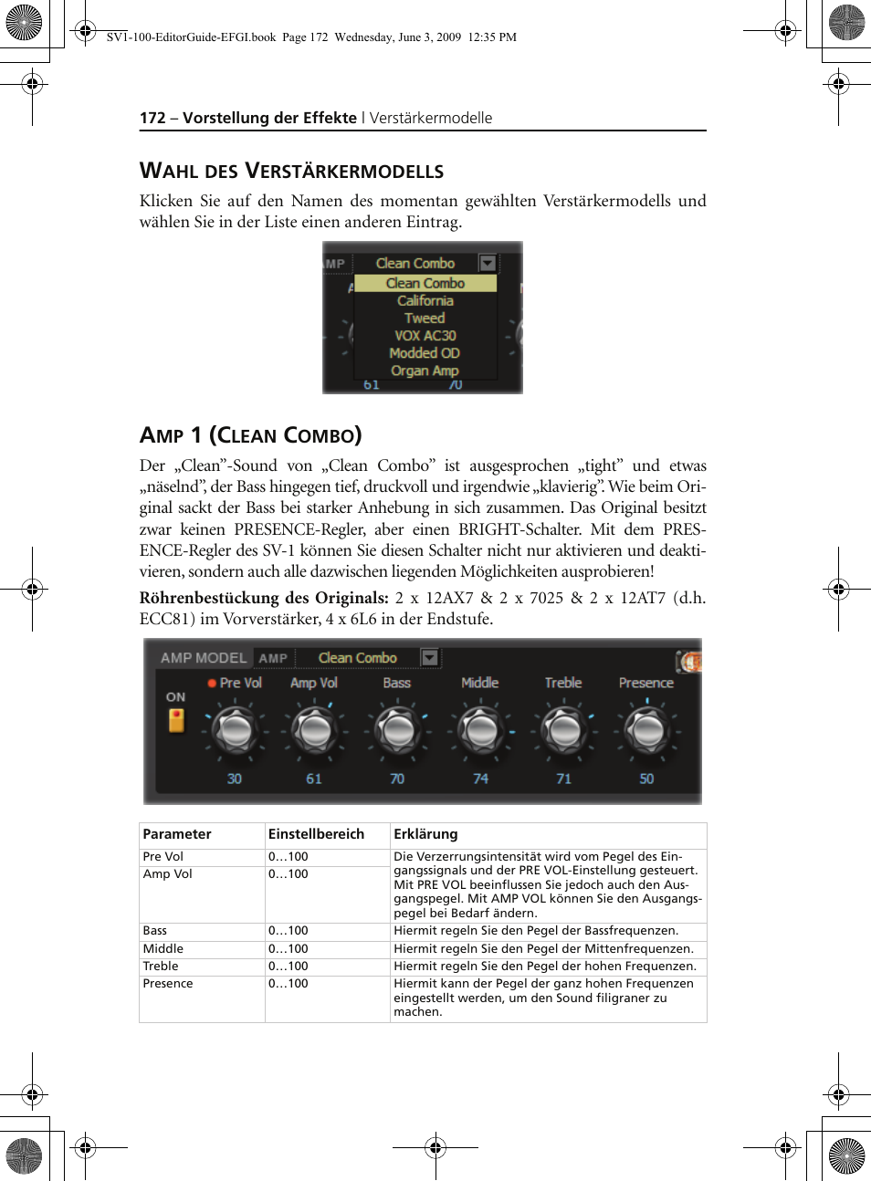 Wahl des verstärkermodells, Amp 1 (clean combo), 1 (c | KORG SV-1 User Manual | Page 174 / 278
