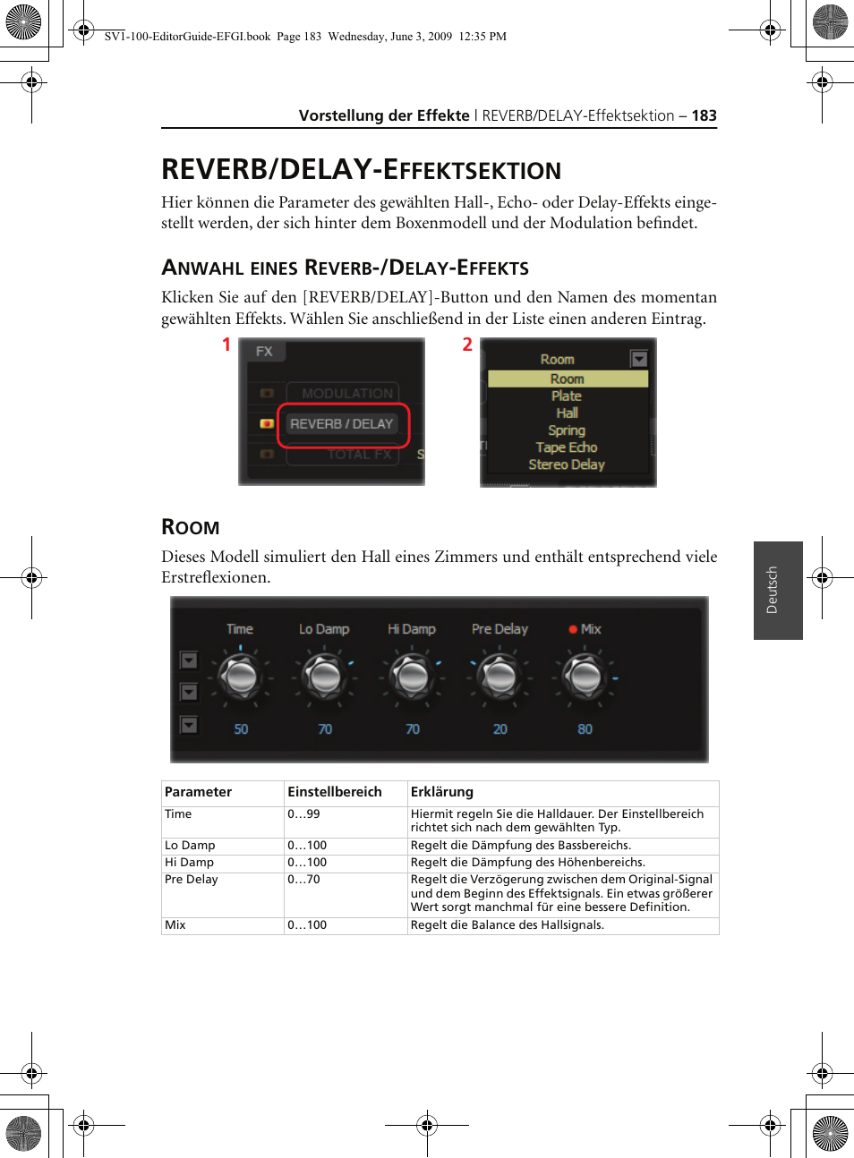 Reverb/delay-effektsektion, Anwahl eines reverb-/delay-effekts, Room | Reverb/delay-e, Ffektsektion | KORG SV-1 User Manual | Page 185 / 278
