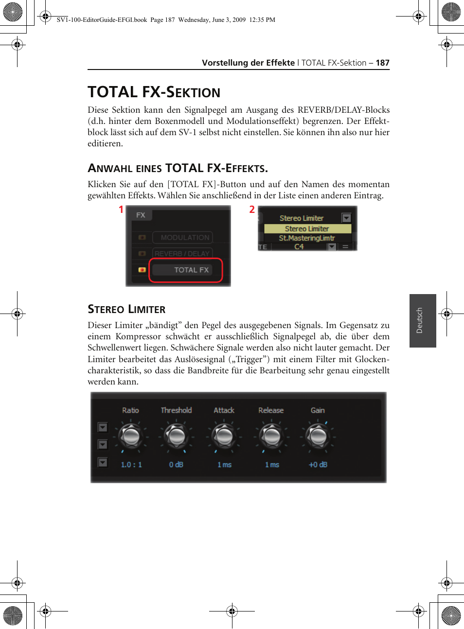 Total fx-sektion, Anwahl eines total fx-effekts, Stereo limiter | Total fx-s, Ektion, Total fx-e | KORG SV-1 User Manual | Page 189 / 278