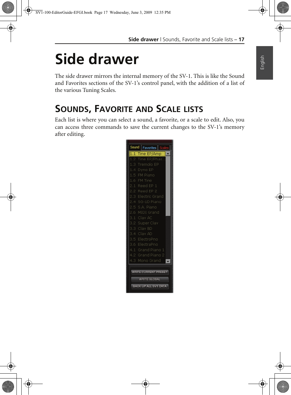 Side drawer, Sounds, favorite and scale lists | KORG SV-1 User Manual | Page 19 / 278