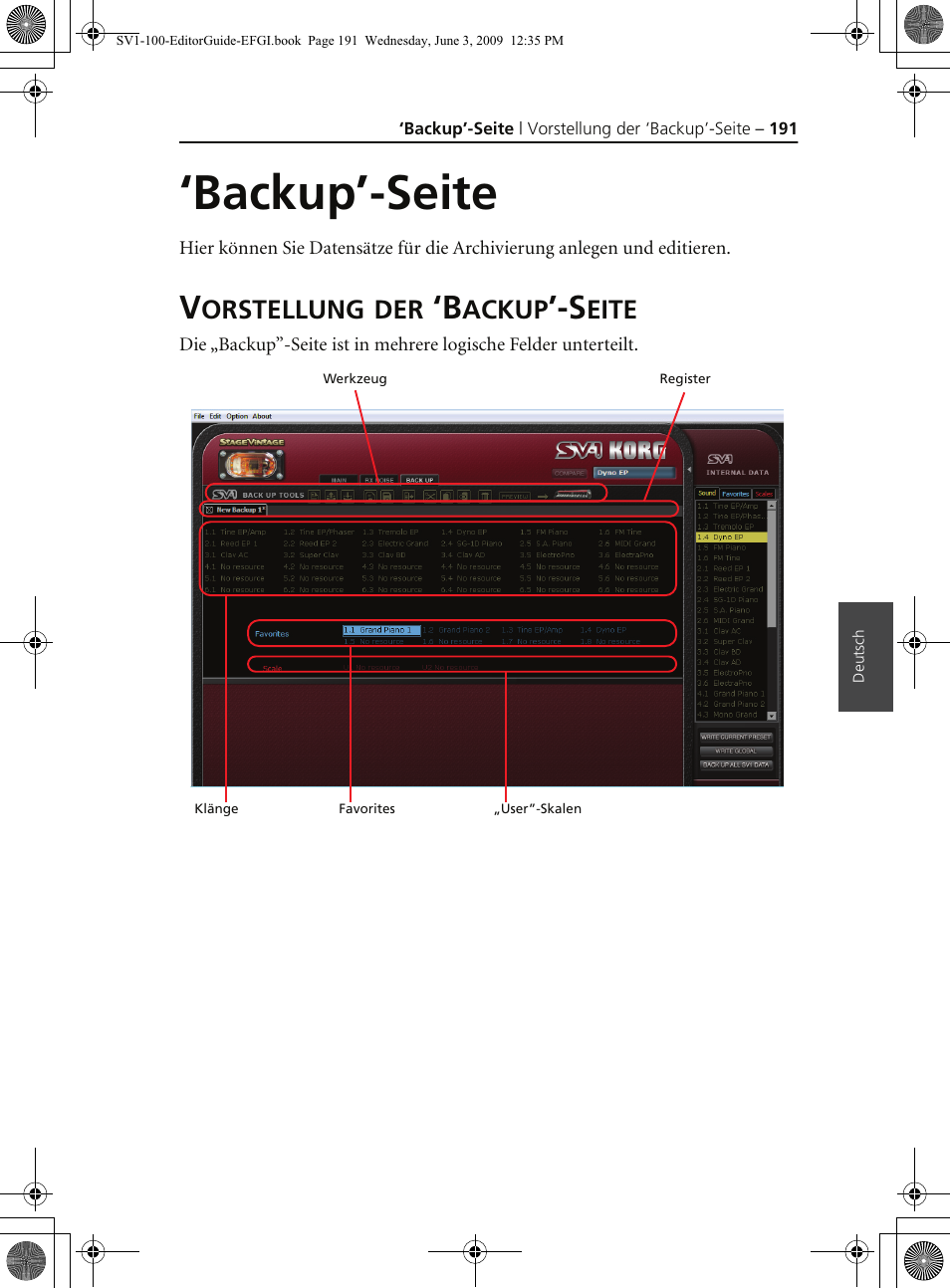 Backup’-seite, Vorstellung der ‘backup’-seite, Orstellung | Ackup, Eite | KORG SV-1 User Manual | Page 193 / 278