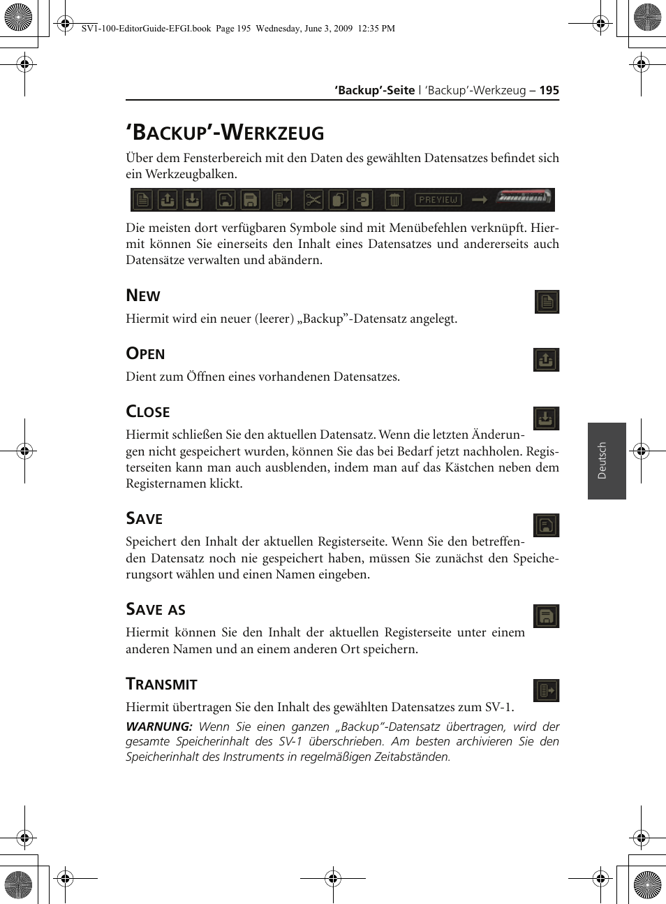 Backup’-werkzeug, Open, Close | Save, Save as, Transmit, Ackup, Erkzeug | KORG SV-1 User Manual | Page 197 / 278