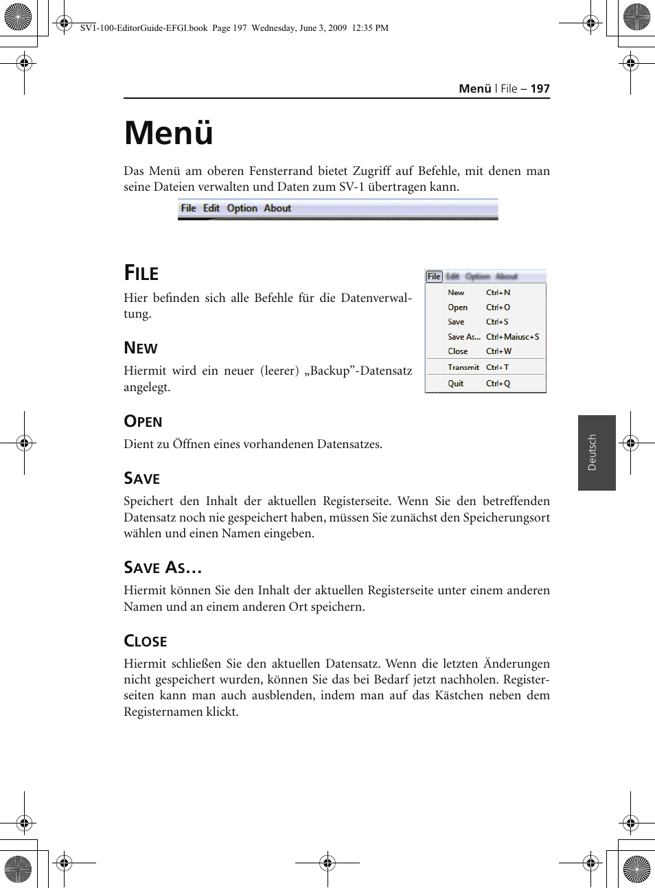 Menü, File, Open | Save, Save as, Close | KORG SV-1 User Manual | Page 199 / 278