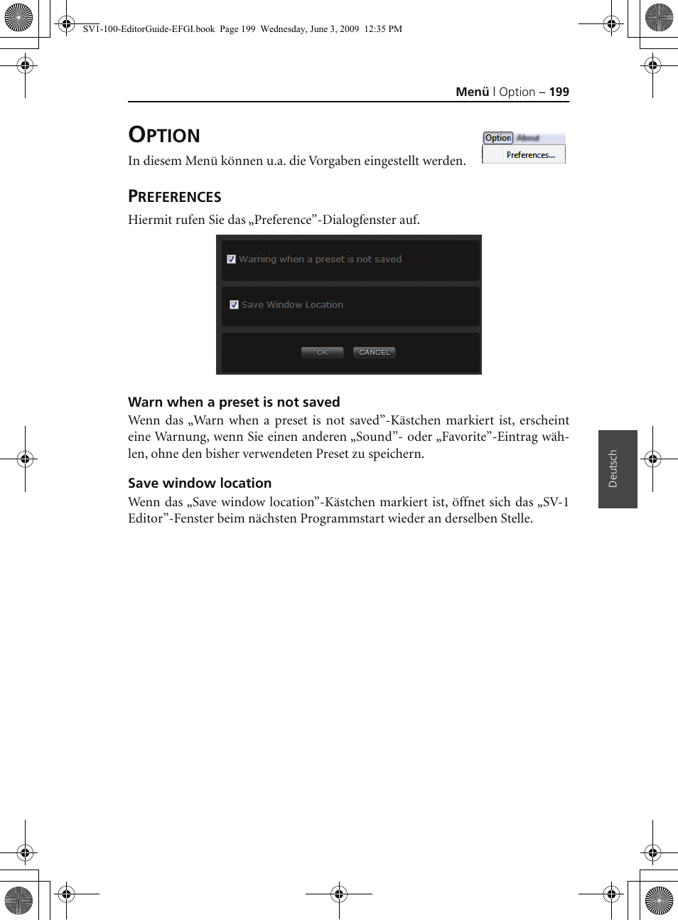 Option, Preferences, Warn when a preset is not saved | Save window location, Ption | KORG SV-1 User Manual | Page 201 / 278