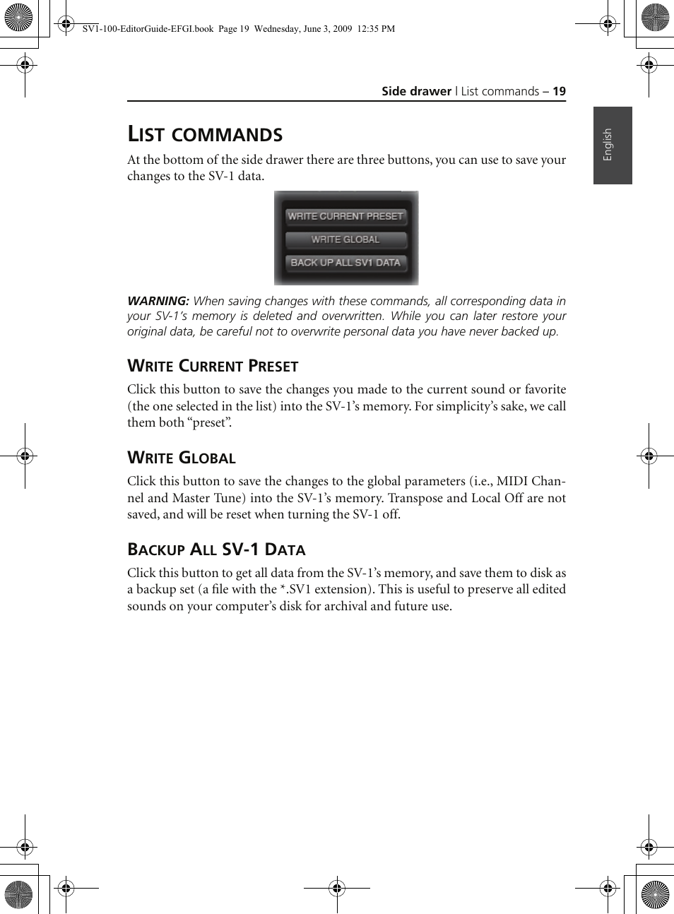 List commands, Write current preset, Write global | Backup all sv-1 data, Commands | KORG SV-1 User Manual | Page 21 / 278