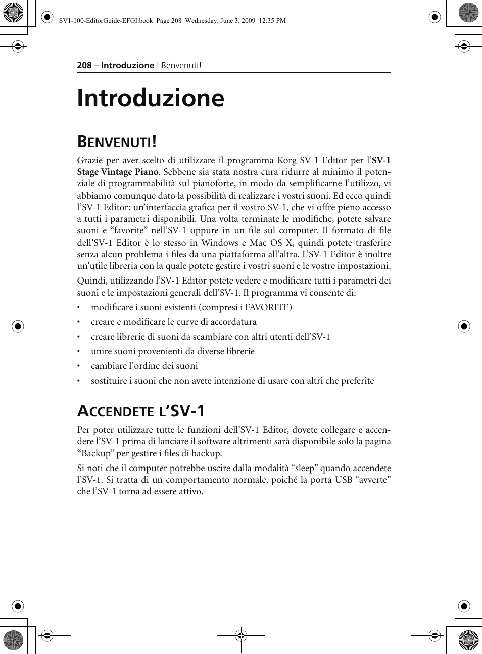 Introduzione, Benvenuti, Accendete l’sv1 | Benvenuti! accendete l’sv-1, Sv-1 | KORG SV-1 User Manual | Page 210 / 278