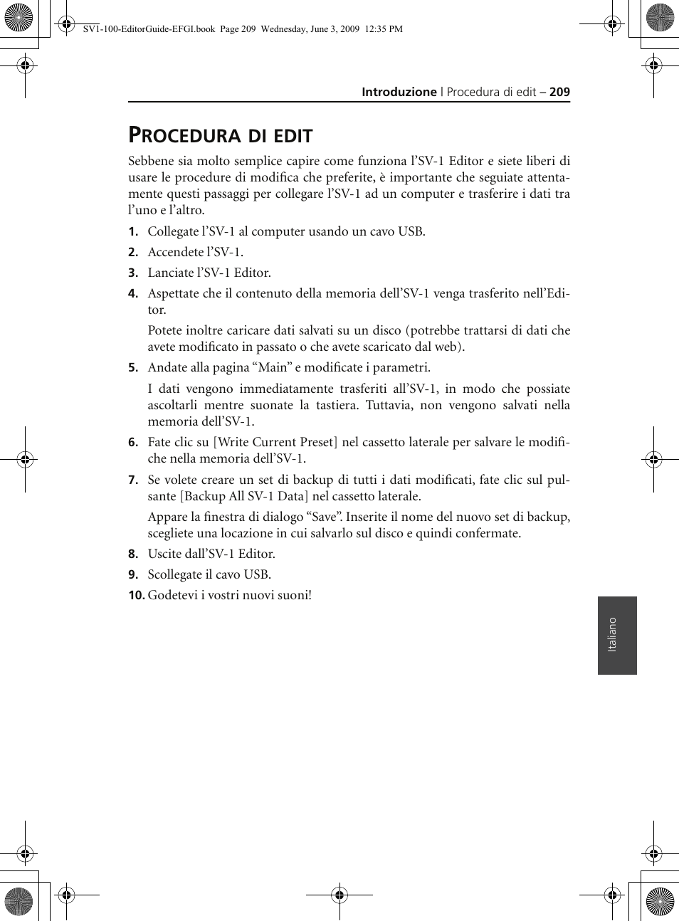 Procedura di edit, Rocedura, Edit | KORG SV-1 User Manual | Page 211 / 278