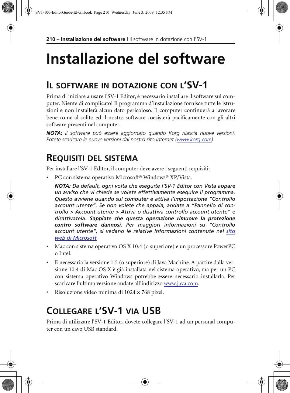 Installazione del software, Il software in dotazione con l’sv1, Requisiti del sistema | Collegare l’sv1 via usb, Sv-1 | KORG SV-1 User Manual | Page 212 / 278