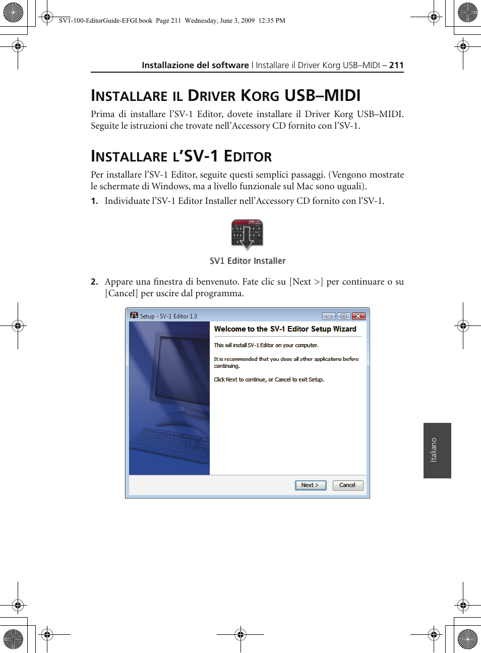 Installare il driver korg usb–midi, Installare l’sv1 editor, Usb–midi | Sv-1 e | KORG SV-1 User Manual | Page 213 / 278