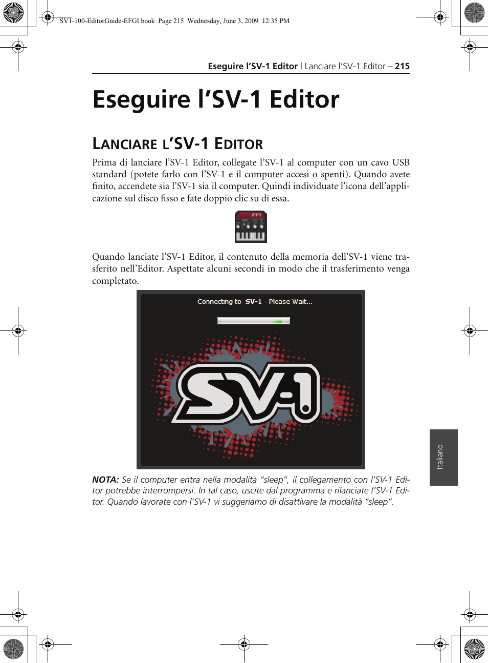 Eseguire l’sv1 editor, Lanciare l’sv1 editor, Eseguire l’sv-1 editor | Lanciare l’sv-1 editor, Sv-1 e | KORG SV-1 User Manual | Page 217 / 278