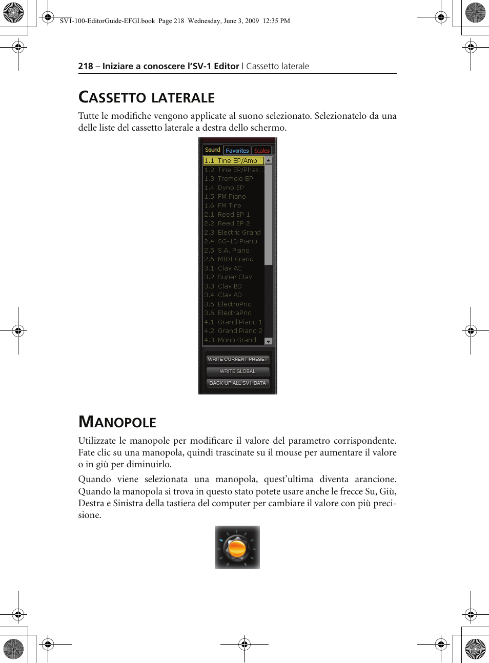 Cassetto laterale, Manopole, Cassetto laterale manopole | KORG SV-1 User Manual | Page 220 / 278