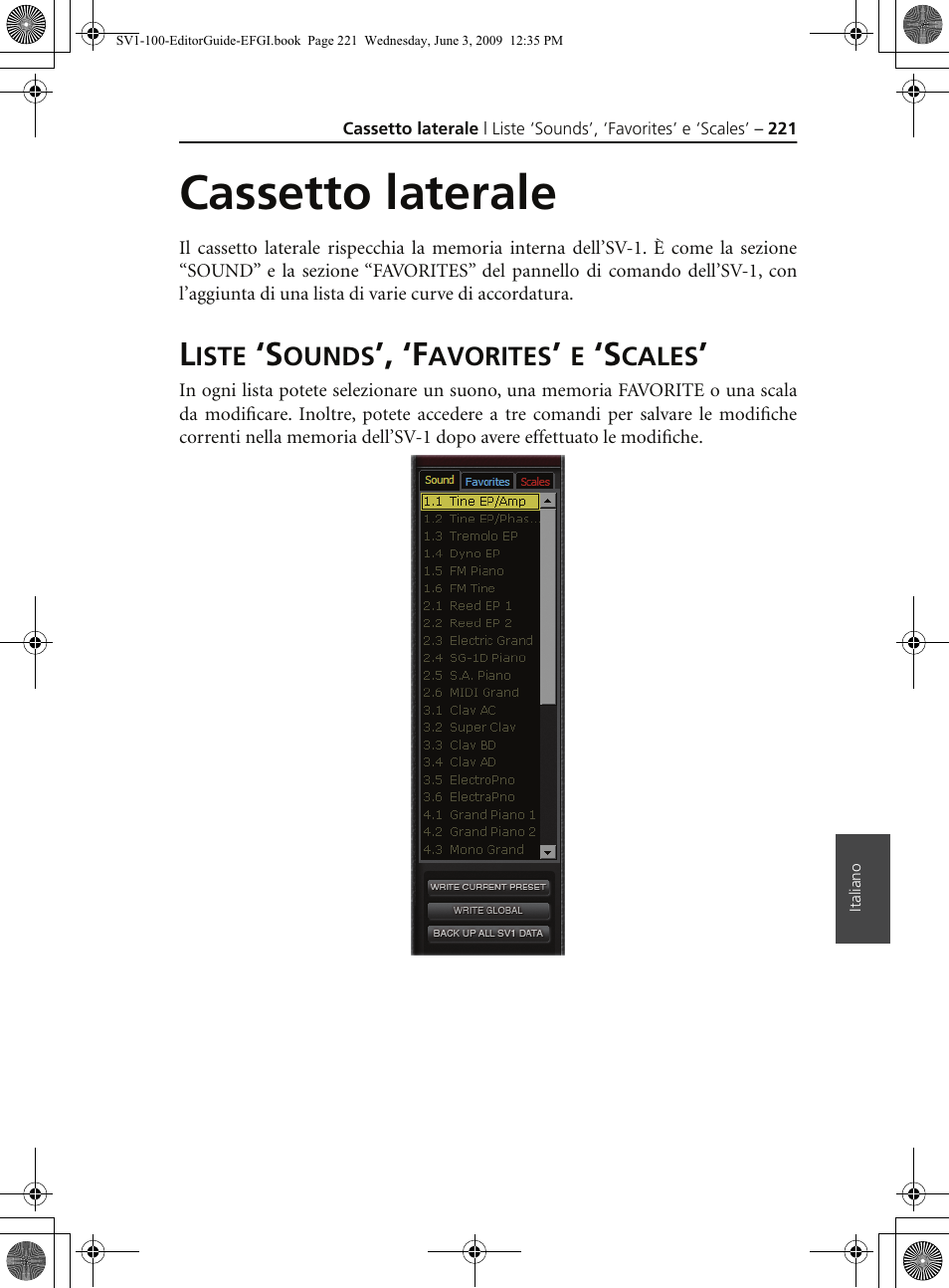 Cassetto laterale, Liste ‘sounds’, ‘favorites’ e ‘scales | KORG SV-1 User Manual | Page 223 / 278