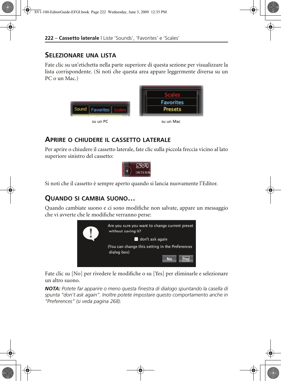 Selezionare una lista, Aprire o chiudere il cassetto laterale, Quando si cambia suono | KORG SV-1 User Manual | Page 224 / 278