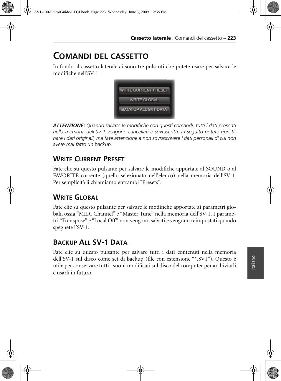 Comandi del cassetto, Write current preset, Write global | Backup all sv1 data, Omandi, Cassetto | KORG SV-1 User Manual | Page 225 / 278