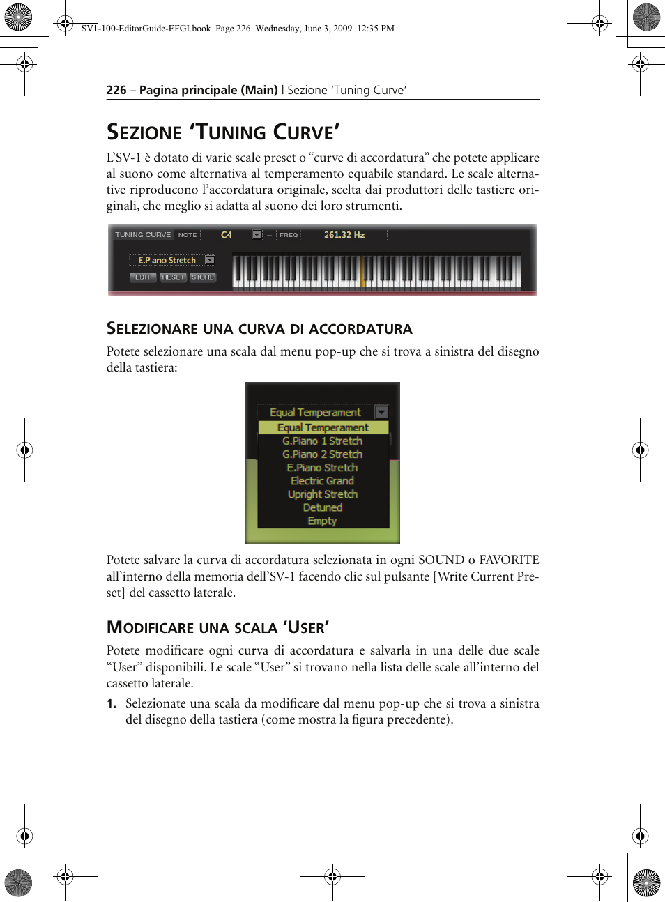 Sezione ‘tuning curve, Selezionare una curva di accordatura, Modificare una scala ‘user | KORG SV-1 User Manual | Page 228 / 278