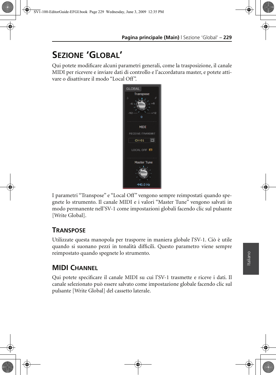 Sezione ‘global, Transpose, Midi channel | Ezione, Lobal | KORG SV-1 User Manual | Page 231 / 278