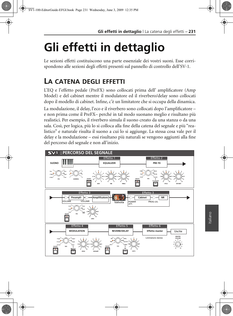 Gli effetti in dettaglio, La catena degli effetti, Catena | Degli, Effetti | KORG SV-1 User Manual | Page 233 / 278