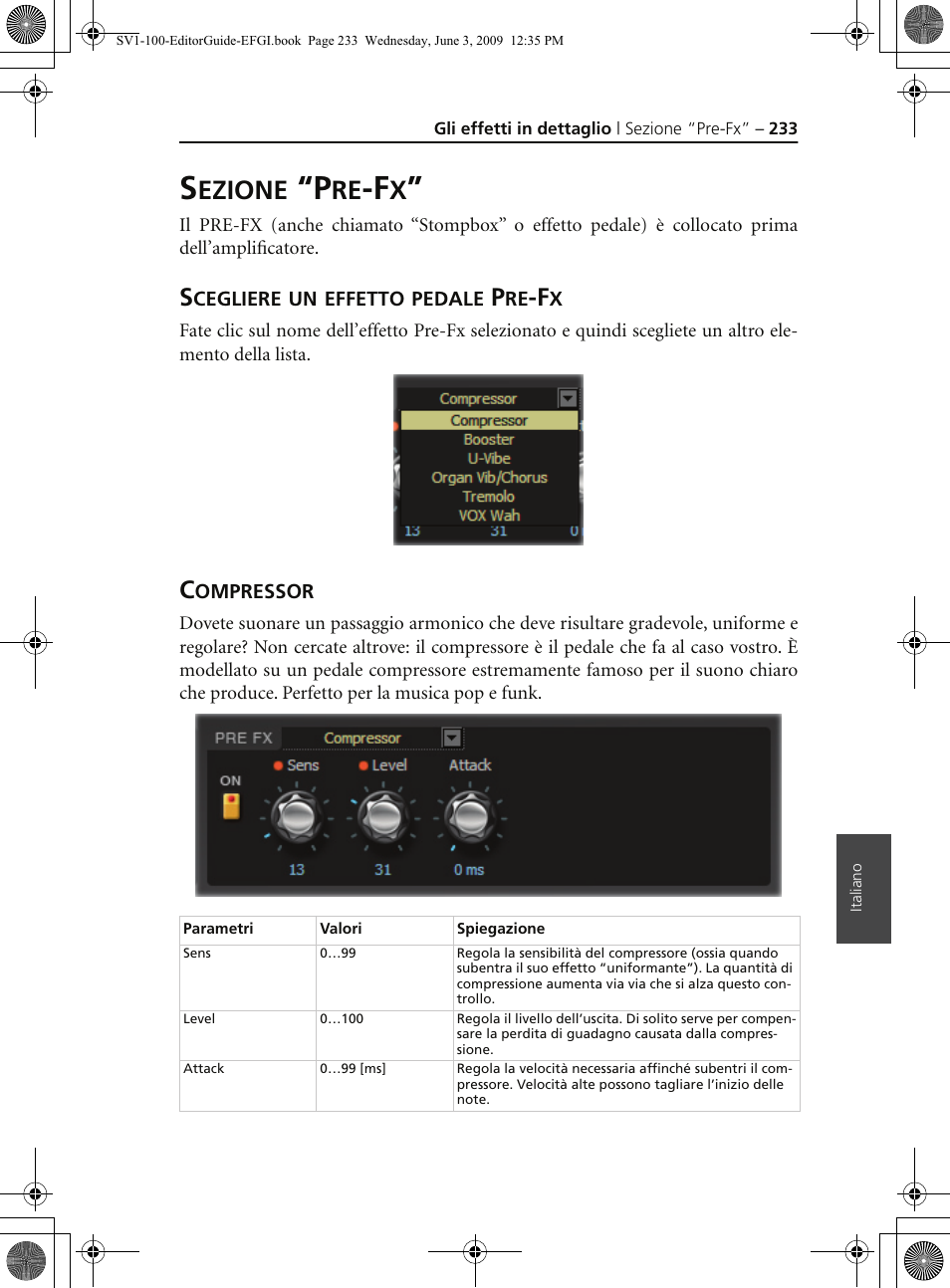 Sezione “pre-fx, Scegliere un effetto pedale pre-fx, Compressor | Ezione | KORG SV-1 User Manual | Page 235 / 278